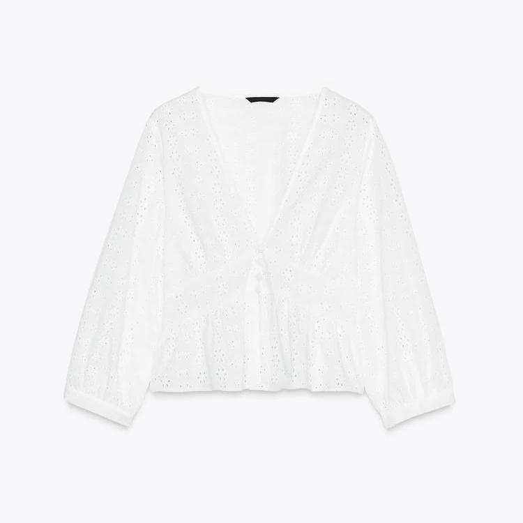 เสื้อผ้าผู้หญิงฤดูร้อนใหม่ ผ้าฝ้ายสีขาว ปักลายฉลุ คอวี แขนยาว ทรงเข้ารูป สไตล์ลำลอง ผ้าโพลีเอสเตอร์