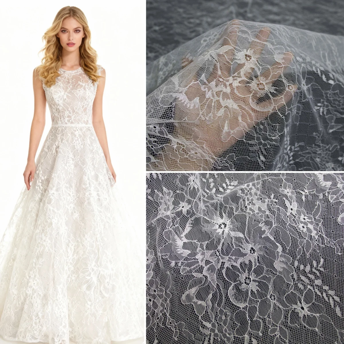 

Мягкая кружевная основа, легкая прозрачная белая ткань, легкая прозрачная драпировка, шитье свадебного платья, нижнее белье, украшения, аксессуары