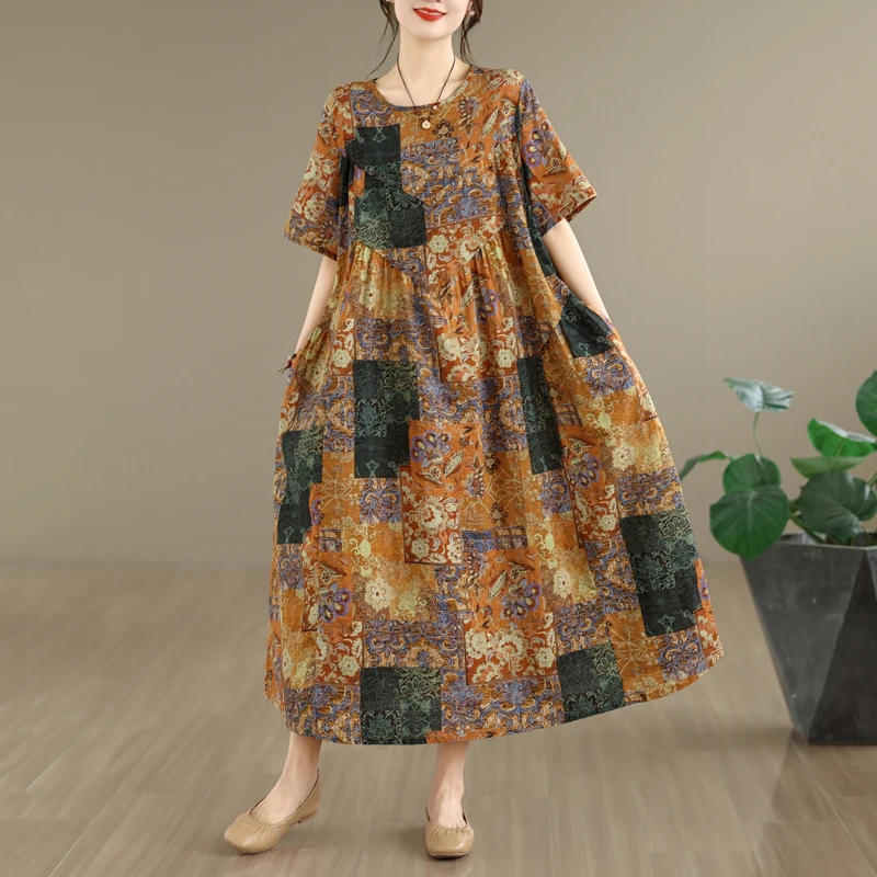 

Летнее новое винтажное хлопковое льняное свободное приталенное платье А-силуэта для женщин, с круглым вырезом, карманами, короткими рукавами, в художественном стиле, с завышенной талией