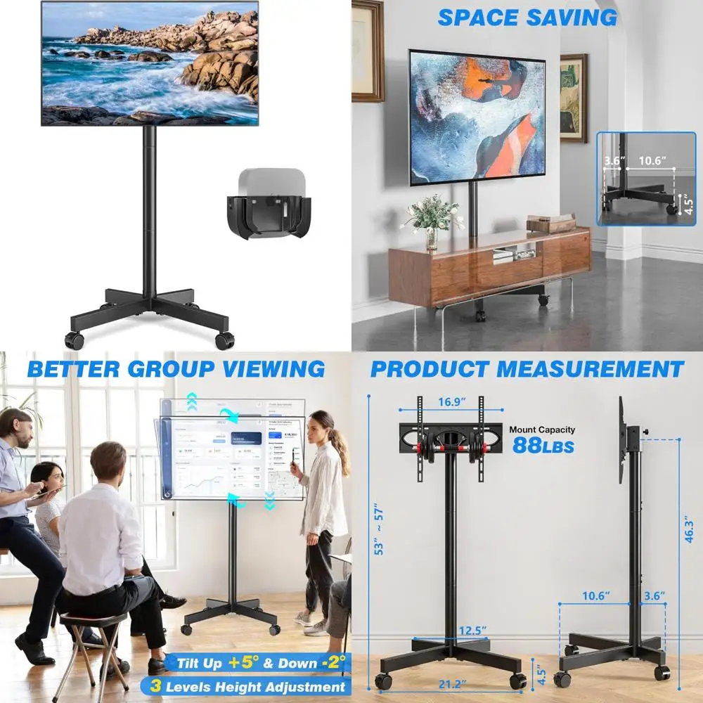 

Portable Rolling TV Stand for 23-60 Inch Screens with Adjustable Tilt and Height on Wheels