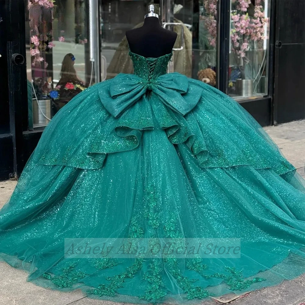 Vestido De quinceañera verde esmeralda, Apliques De encaje, corsé, fiesta De cumpleaños, graduación, 15, 16