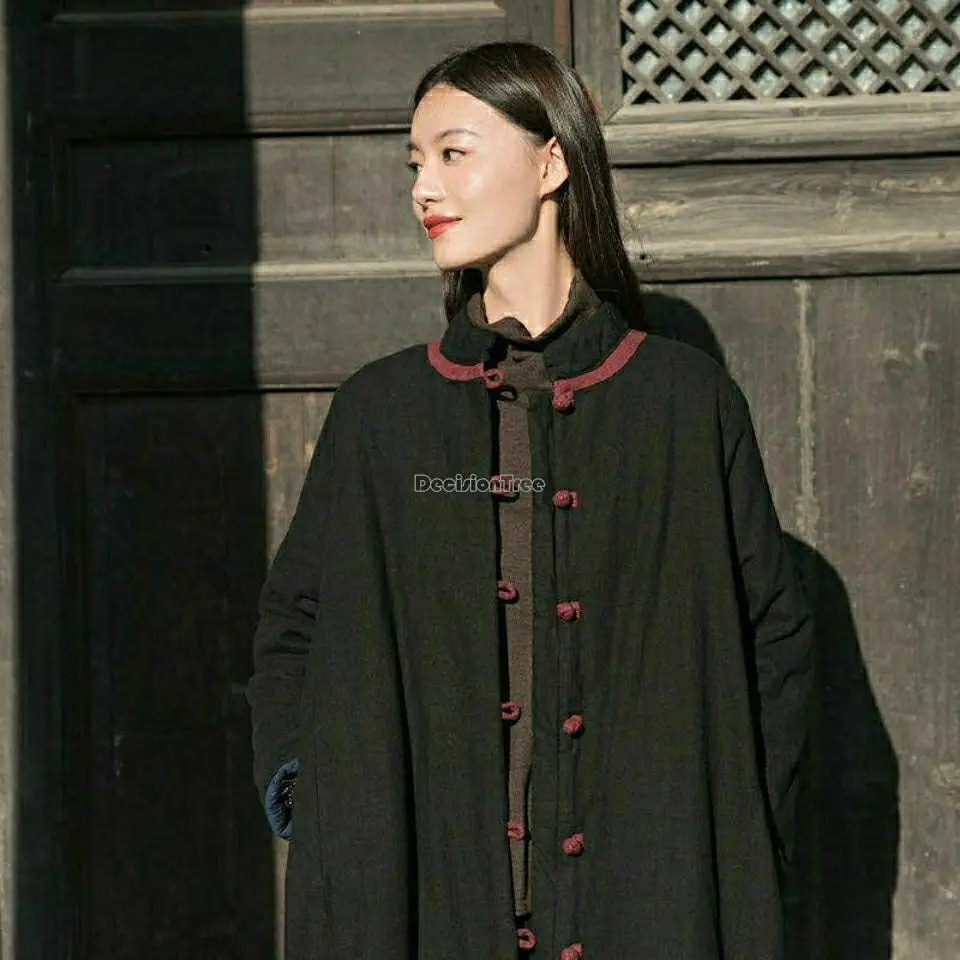 2023 winter new vintage stand collar chinese style pan buckle long thicked jacket cotton linen loose cotton-padded coat s936