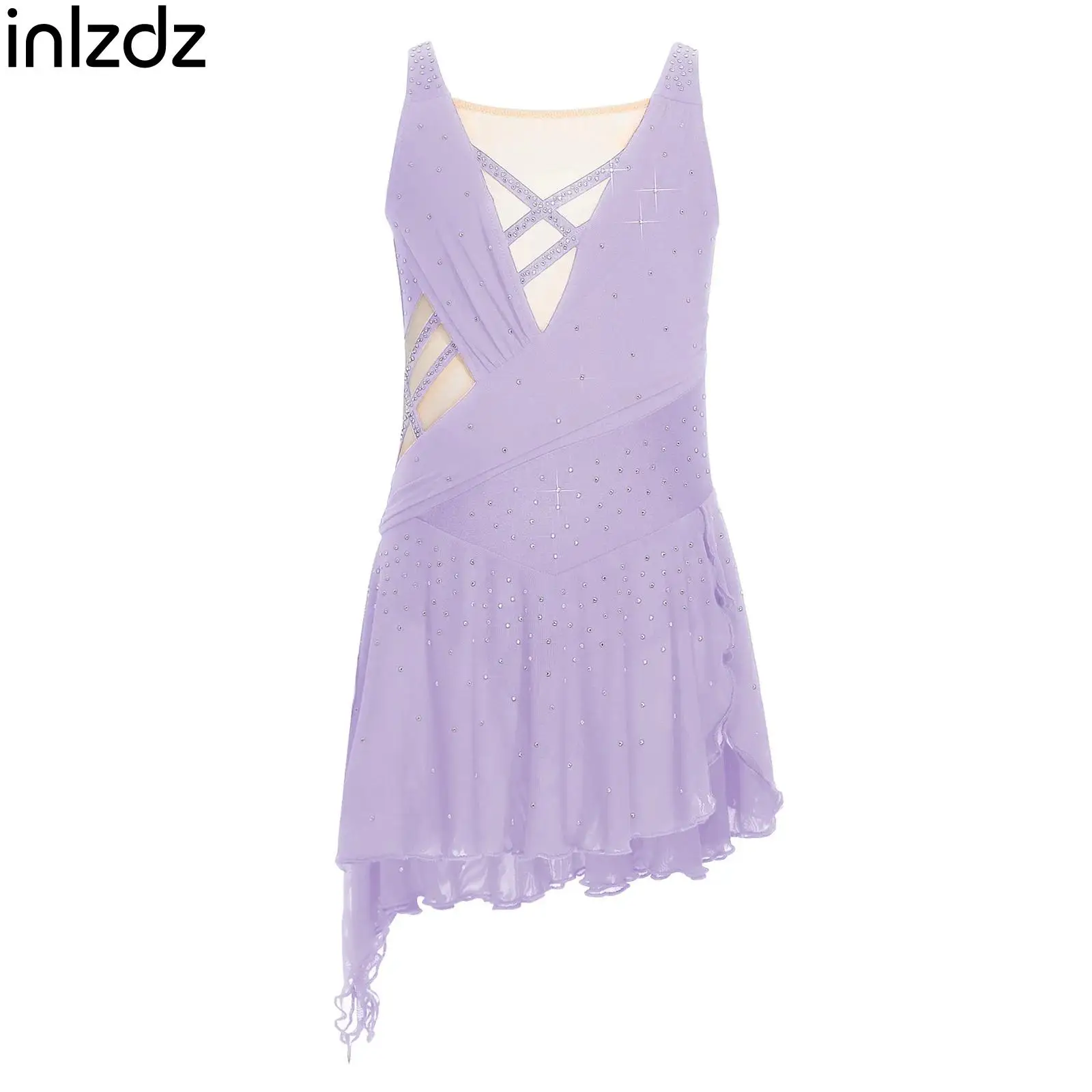 Leotardo de danza de Ballet y gimnasia rítmica para niños y niñas, traje de actuación de danza moderna lírico, vestido de malla sin mangas con diamantes de imitación