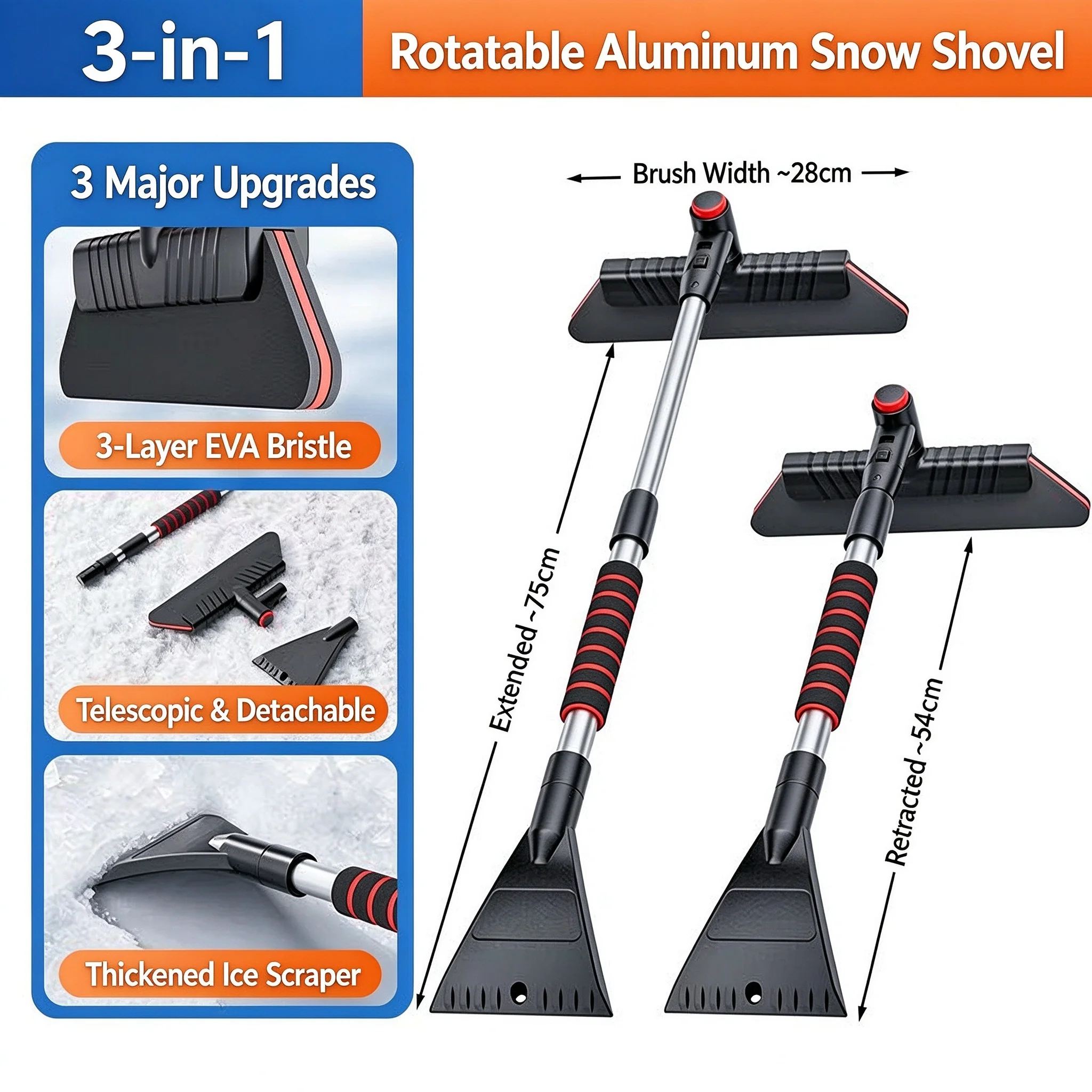 Car Snow Brush Ice Scraper 3 in 1 Extendable Detachable Rotatable EVA Scratch Free Winter Universal Windshield Snow Removal Tool