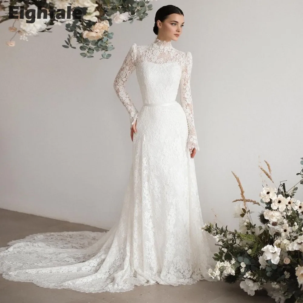 Eightale Luxury Wedding Dresses Lace Customized High Neck Long Sleeves Arabic Mermaid Bridal Gown