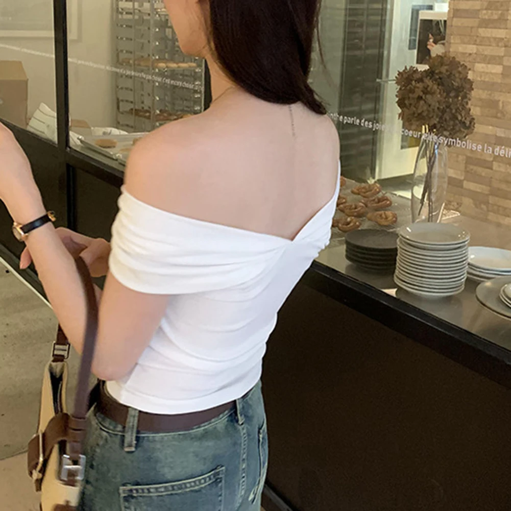 

Casual Sweet Top Pleated Off-shoulder T-shirt Casual Outing Solid Color Design Comfortable Fit Daily Wear Top XL