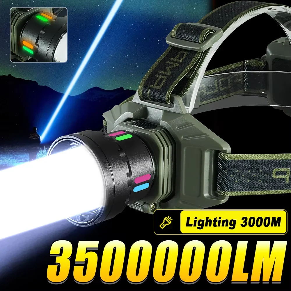 3500000LM Most Powerful LED Headlamp USB Rechargeable Head Light With Fluorescent Light Outdoor Fishing Head Torch Waterproof