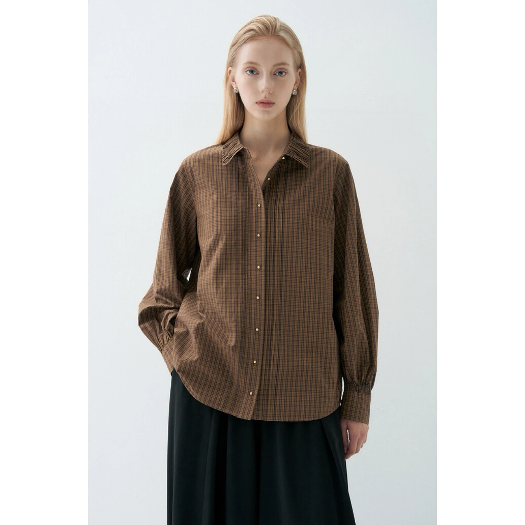 Elegant Lemon Cheese LAN26 Autumn Loose Long Sleeve Shirt with Pleated Collar And Plaid Design Women's Casual Style Cotton Shirt