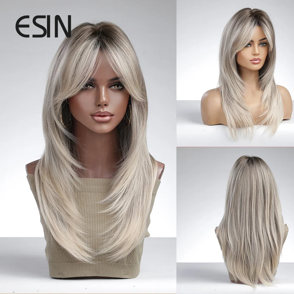 ESIN Synthetic Wig Medium Ombre Dark Color to White Blonde Wigs for Women Ombre Layered Hair with Dark Roots