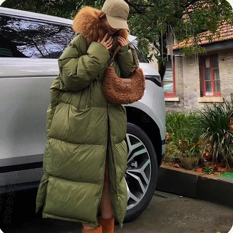 Women Long Winter Hooded Parka Y2K Loose Over-the-knee Bakery Large Imitation Fur Collar Thickened Warm Quilted Casual Jacket