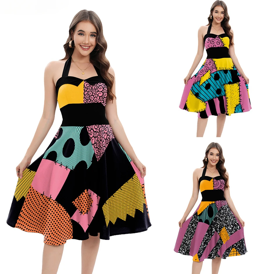 

The Nightmare Before Christmas Sally Costume Cosplay Zombie Dress for Women Halloween Carnival Party Patchwork Halter Dress