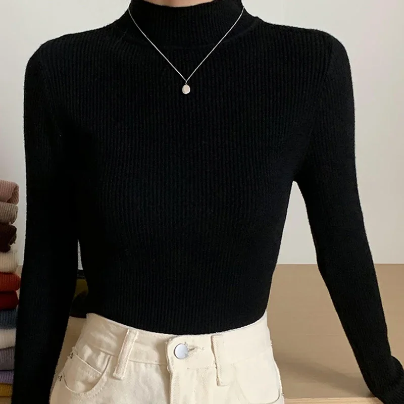 Fashionable Autumn Winter Women's Turtleneck Sweater with Long Sleeves and Cashmere Blend Ribbed Sweaters