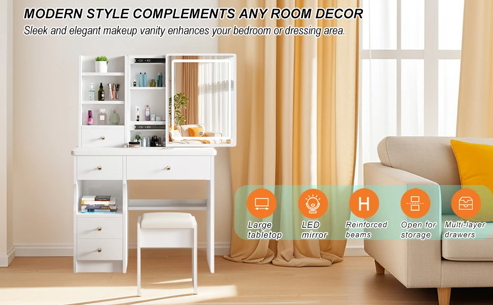 Vanity Desk Makeup Vanity Desk with Sliding Mirror and Lights, Makeup Vanity Set with Drawers, Stool and Open Shelves, 3 Color Lighting Modes Brightness Adjustable Dressing Table for Bedroom