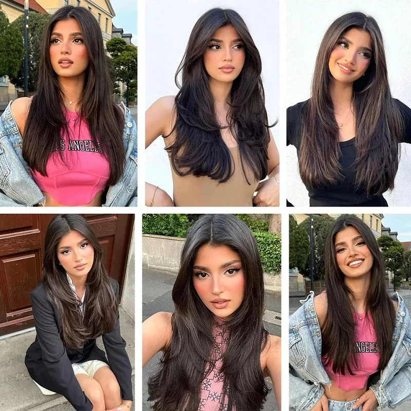 16Inch Synthetic Long Straight V-Shaped Hair Extensions 4 Clips Black Brown Hairpiece for Adding Volume Women Daily Party Use image 6