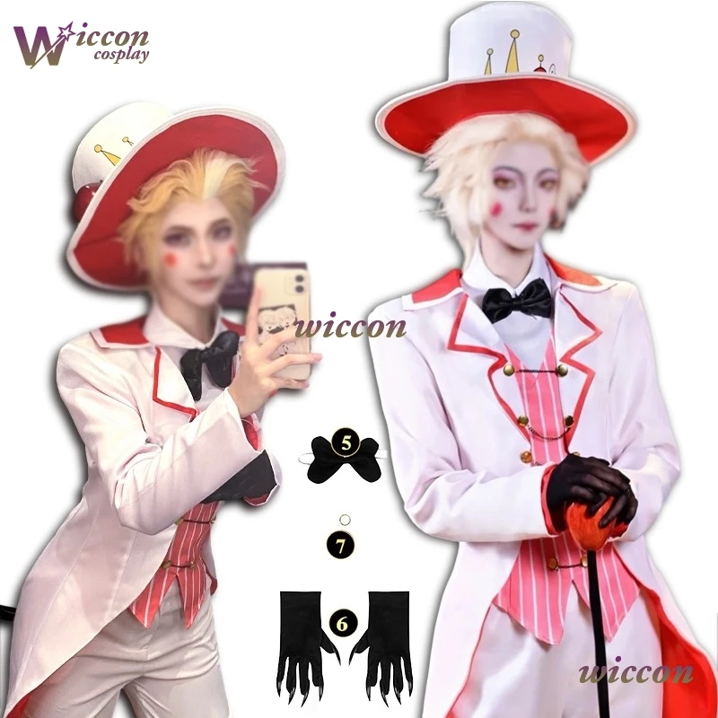 

Взрослый мужской фрак HazzbinHotel Lucifer Morningstar Косплей Костюм Шляпа Парик Костюм Аниме Опора Одежда Хэллоуин Вечеринка Смокинг