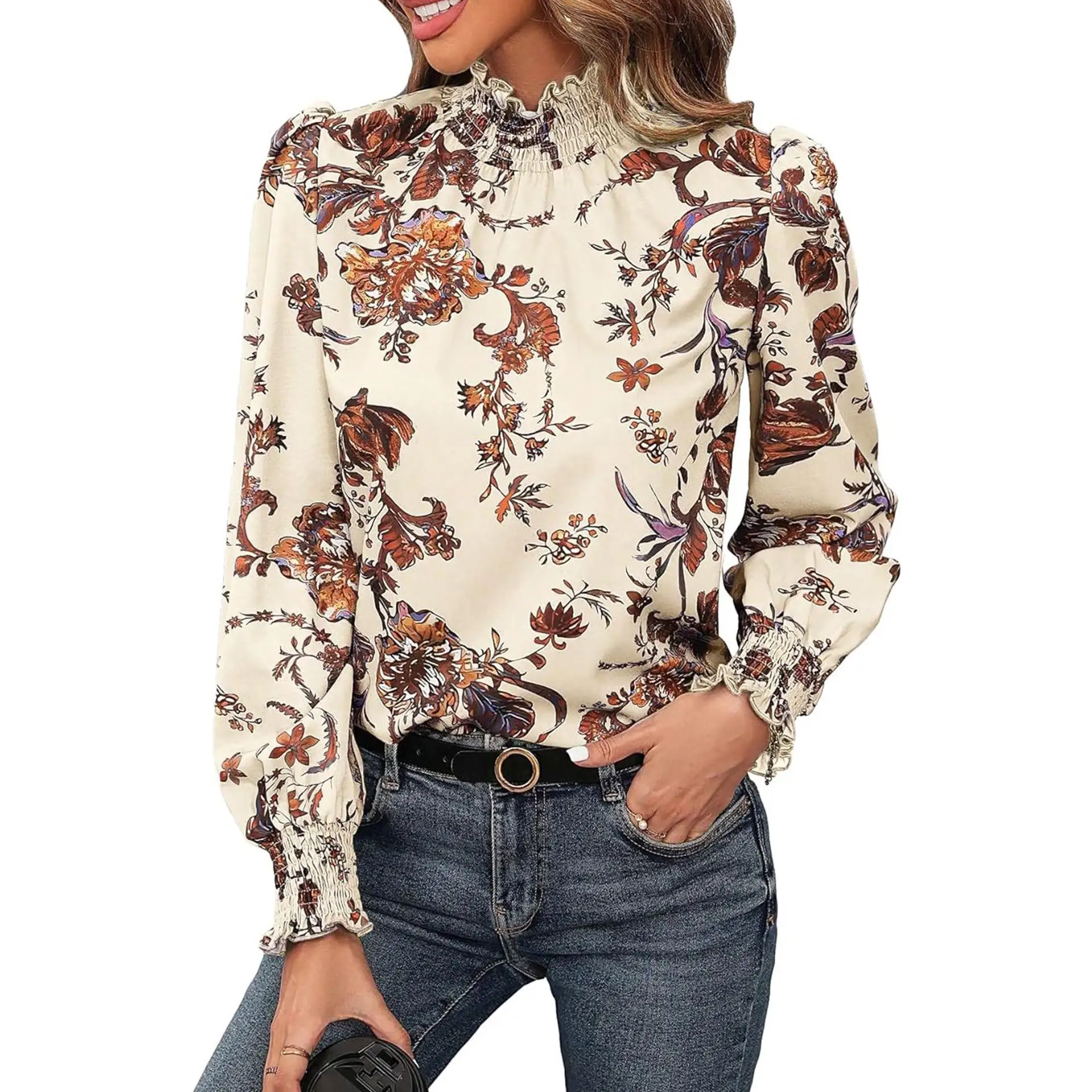 Bedrucktes irt Long Sve Loose Fit Polyester Geometrisches Muster Pendeln Sle Faionable Top für Damen