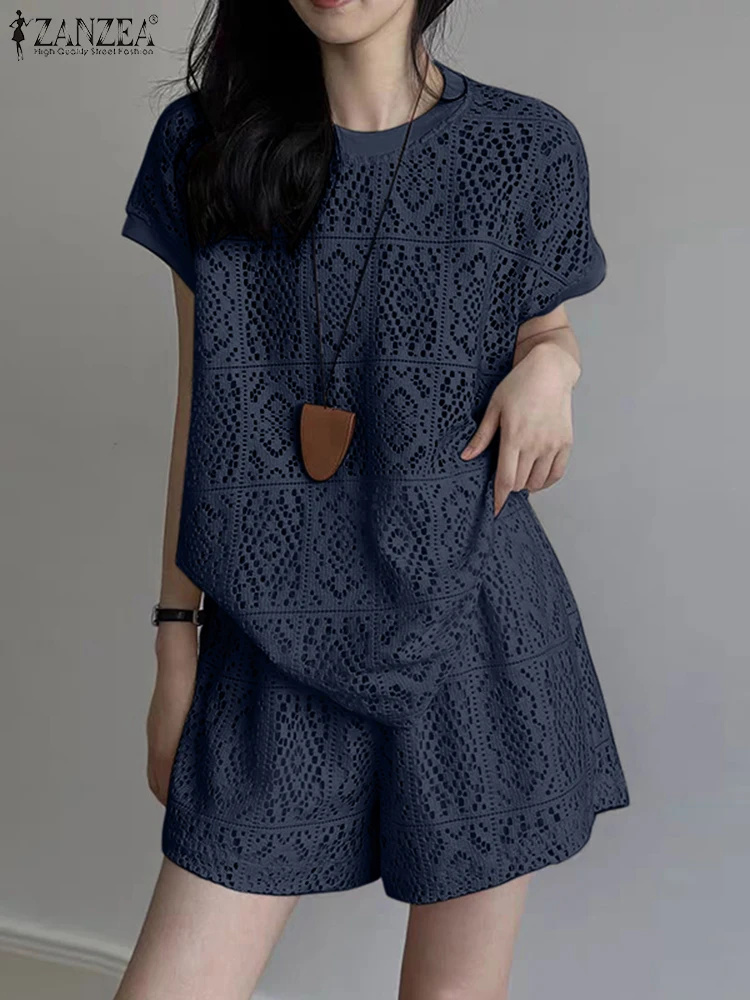 

ZANZEA Two-piece Outfits Women Short Sets 2025 Summer Solid Fashion Casual Loose Hollow Out 2PCS Elegant Office Matching Sets