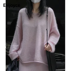 Women Solid Mohair Wool Sweaters Ladies Loose Long Sleeve Thin Knitwear 2024 Spring Autumn Korean Fashion Knitted Tops