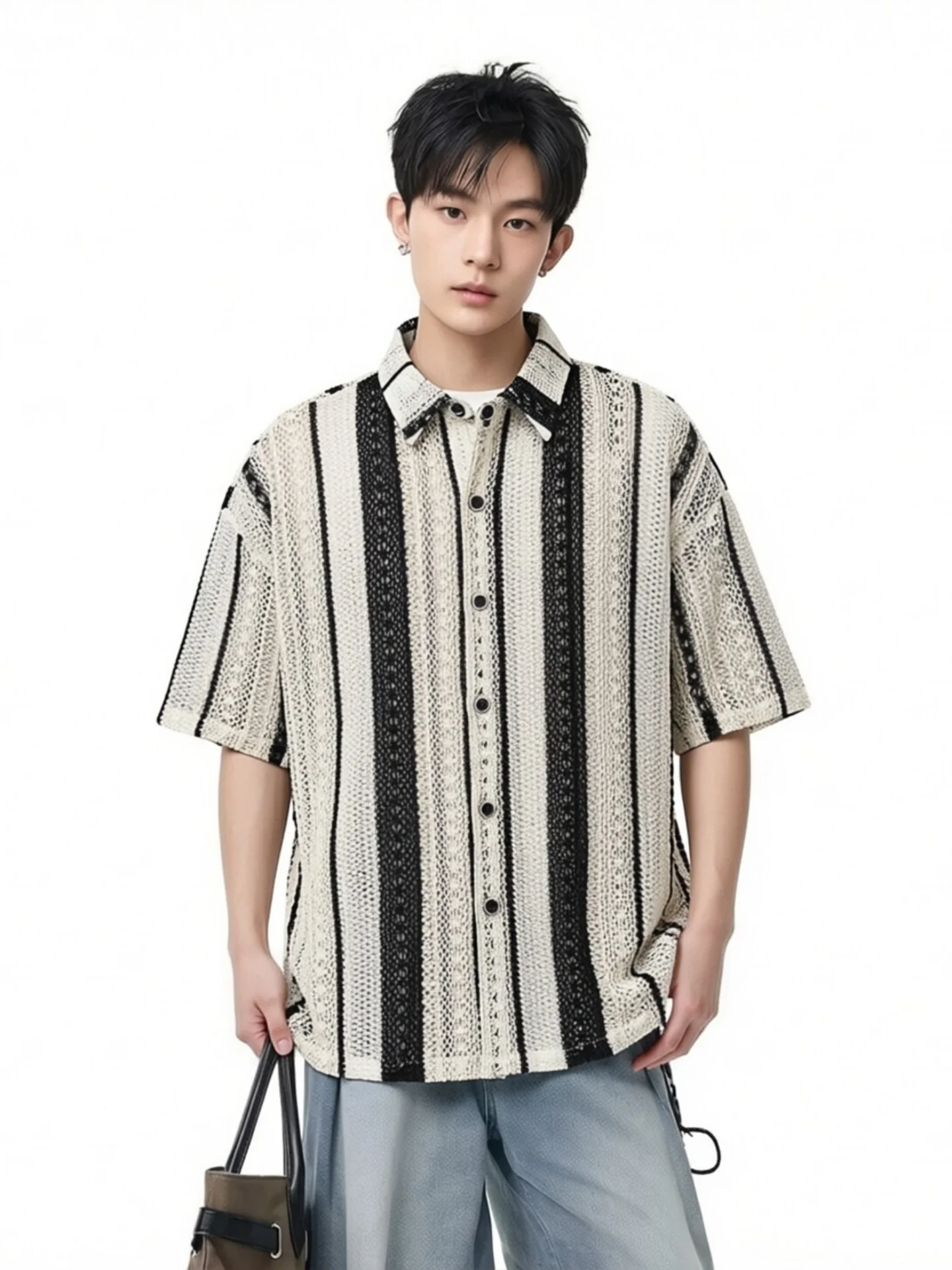 

American Textured Stripe Hollow Short Sleeve Men's Casual Shirt Summer Vacation Loose Retro Color Block Leisure Shirt
