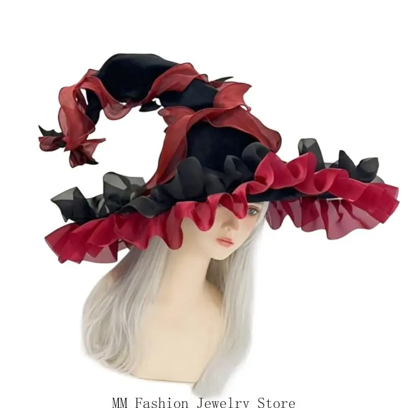 D0UB Portable Witch Hat For Halloween Parties Elastic Adjustable Headwear Reusable Polyester Caps Easy To Carry In Bags