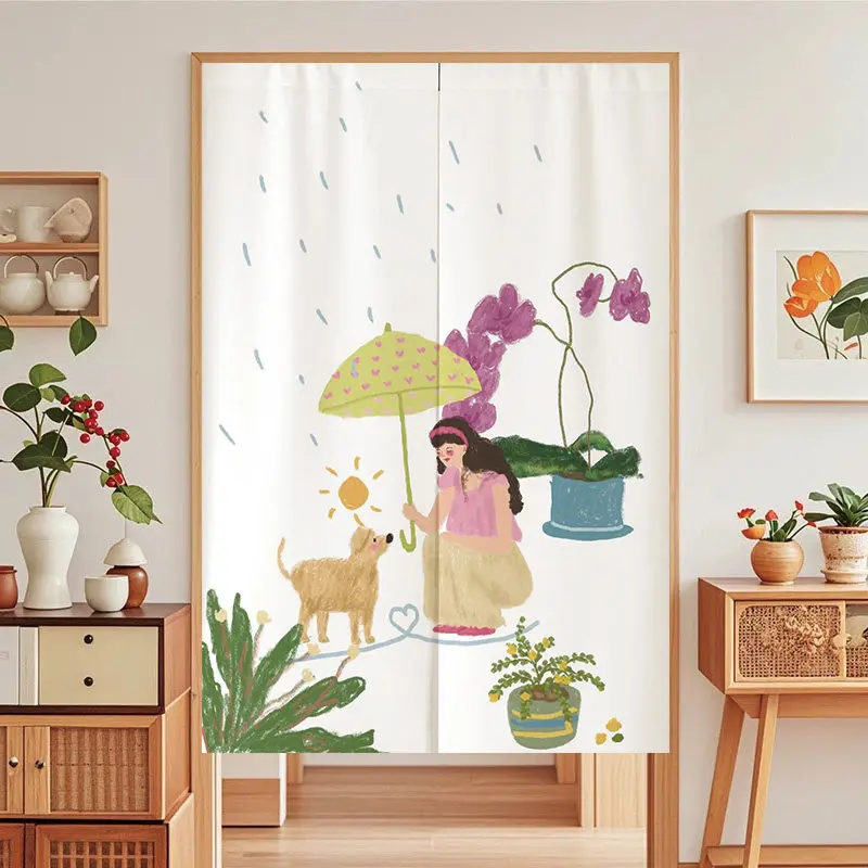 VIKAMA Girl With Dog Noren Door Curtain Floral Hand Drawn Print Hanging Curtain Bedroom Door Art Style Home Decor Curtain