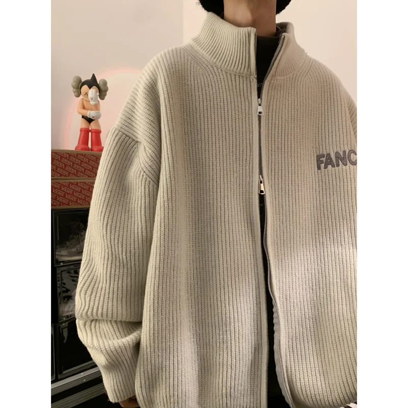 Knitted Cardigan Zipper Men Sweater Long Sleeve Jacket Spring Autumn Streetwear Korean Fashion Sweater Coat Warm Loose Outerwear