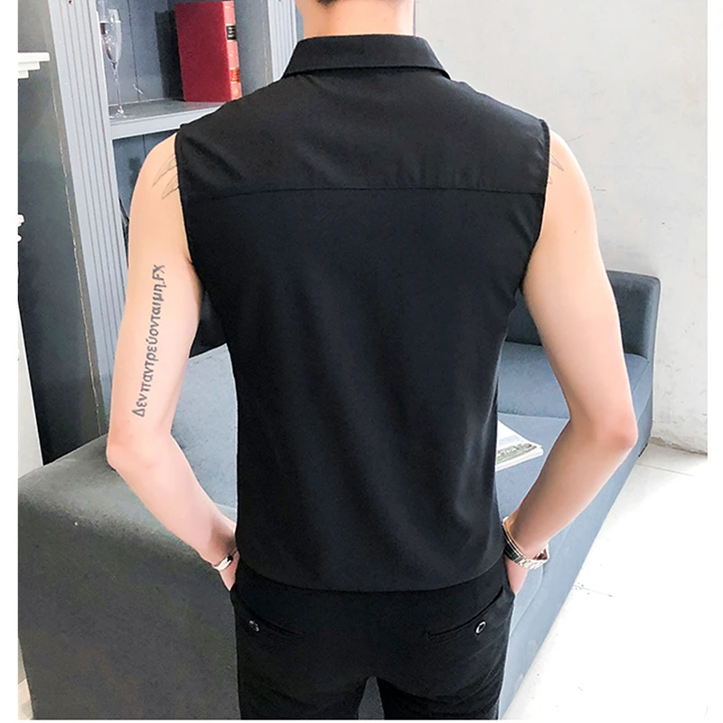 Spring 2024 Black Men\'s Sleeveless Shirt, Fashionable Slim Shirts, Men Single Breasted Lapel Summer Top Camisas Para Hombre