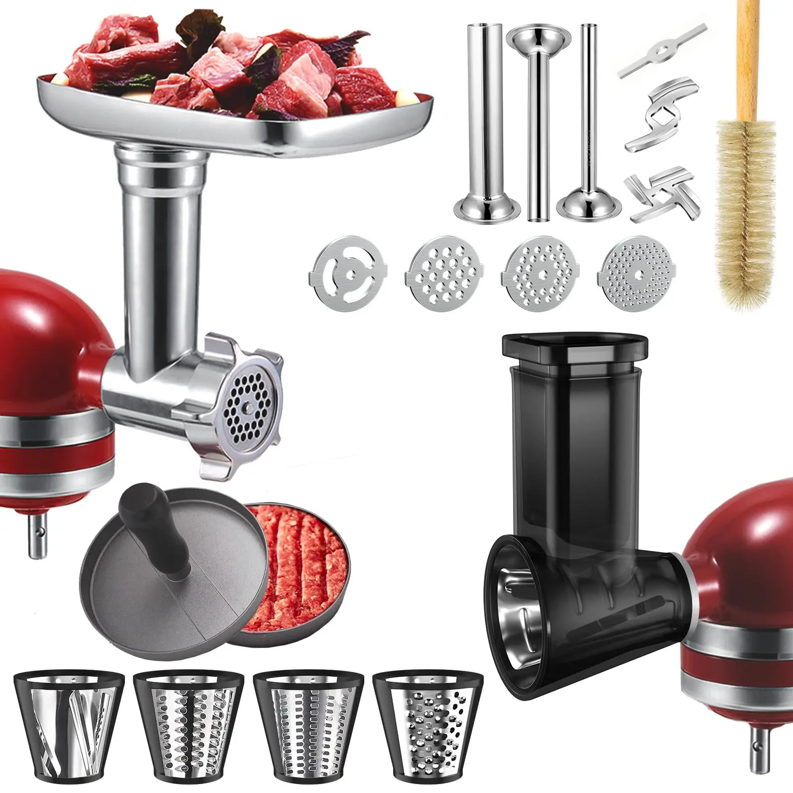 Meat Grinder & Slicer Shredder Attachments for KitchenAid Stand Mixer Metal Food Grinder with Sausage Stuffer Tubes for Kitchen