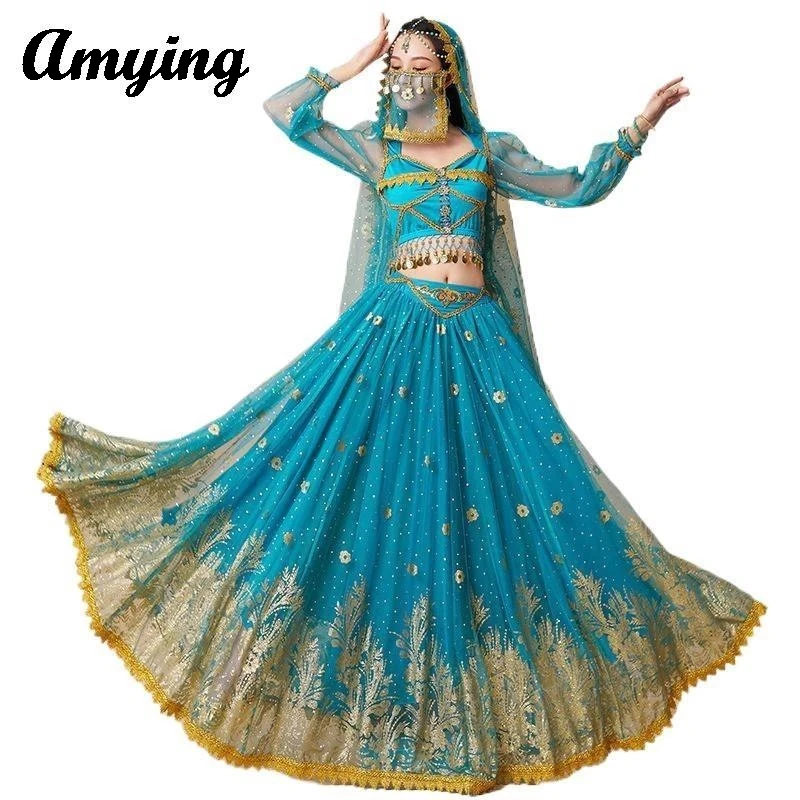 Women Long Sleeved Costume Arab Indian Festival Cosplay Performance Outfit Belly Dance Big Swing Long Dress Princess Clothing