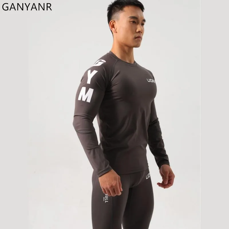 GANYANR Men Running T-shirt Gym Sportswear Compression Long Sleeve Bodybuilding Jogging Sport Fitness Wear Training Exercise Fit