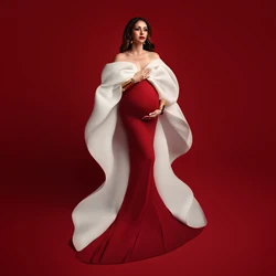 Elegance 2 Colors Mermaid Maternity Dress for Photo Shoot Off Shoulder Big Cape Unique Babyshower Dress Red White Maternity Gown