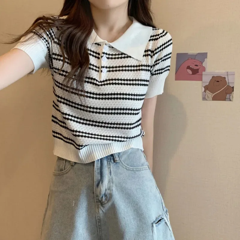 Korean Women's Kintted T-shirt Loose Striped Tank Tops Contrasting Color Vest Polo Collar Short Sleeve Casual Women's Clothing