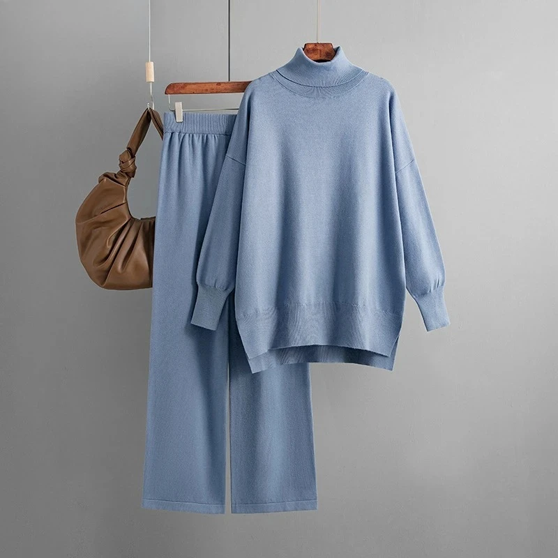 

Комплект свитера для женщин на осень и зиму, однотонный свитер с разрезом, свободный и повседневный вязаный комплект из двух предметов.