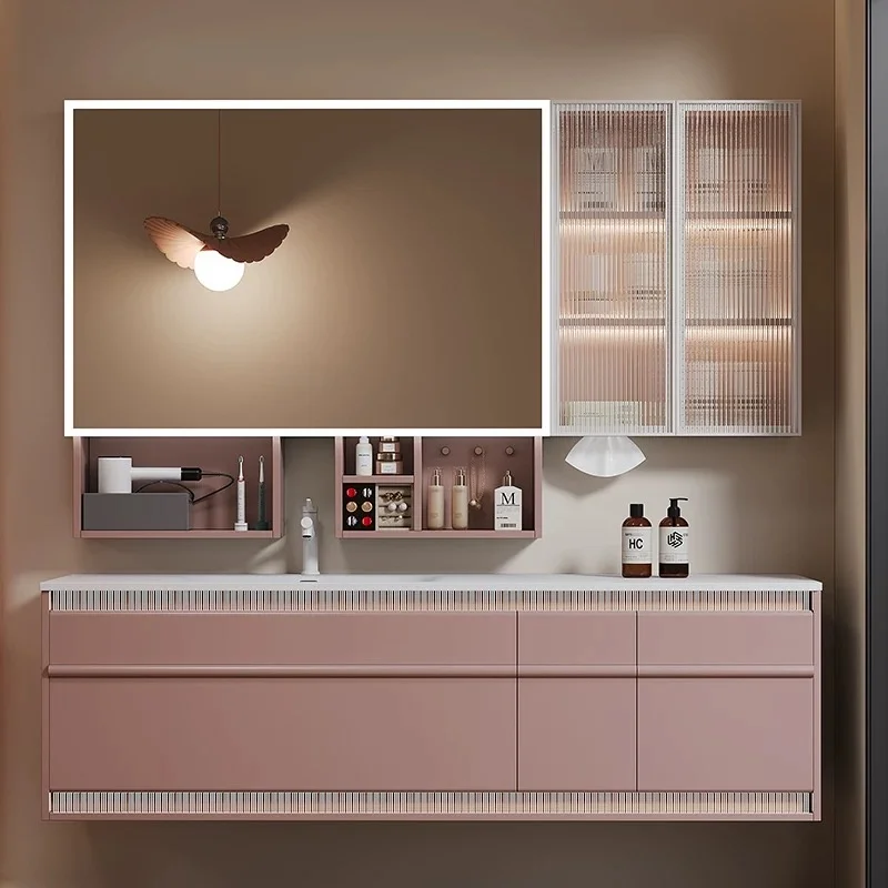 Smart Mirror CabinetSolid Wood Modern Bathroom Vanity Integrated Copper Ceramic Basin Smart Lifting Mirror AI-equipped Washstand