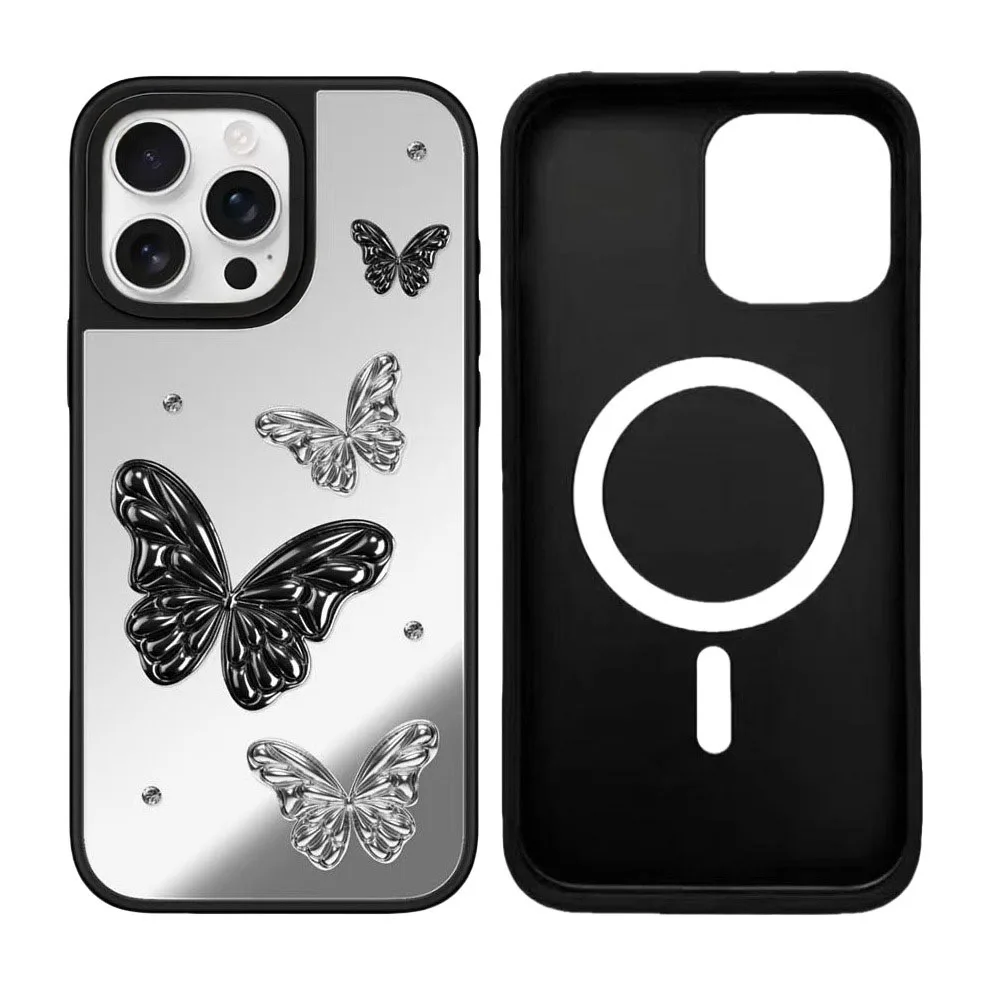 

Black White Butterfly Mirror Surface Black Border Magnetic Phone Case for IPhone 17 16 15 14 13 12 Pro Max Cover