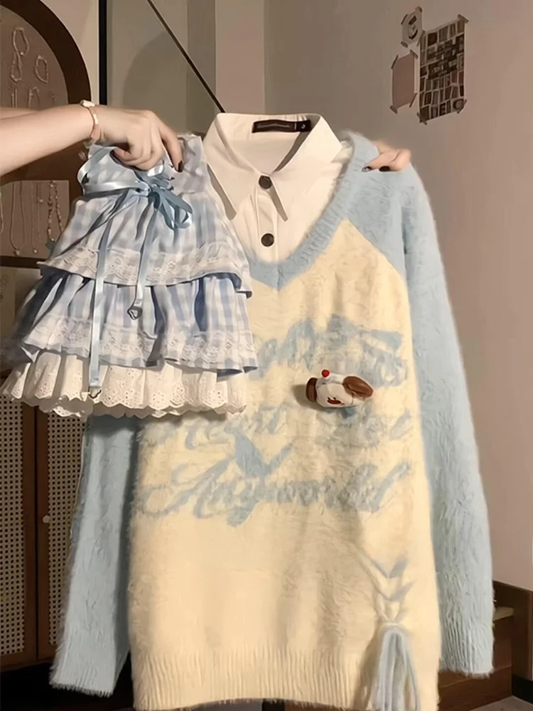 

American Retro Color Blo 3D Dog Sweater Women's Autumn Winter Loose Lazy Sle V-ne Knitted Top Warm Comfortable Faion