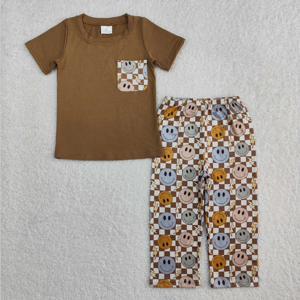 

New Kids Designer Clothes Boys Brown Short Sleeve Pocket Top Plaid Pants Sets Baby Boys Clothes Outfit Boutique baby boy clothes
