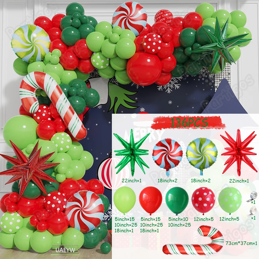 136Pcs Christmas Red Green Wave Point Balloon Garland Candy Cane Explosion Star Helium Balloon Navidad New Year Xmas Party Decor