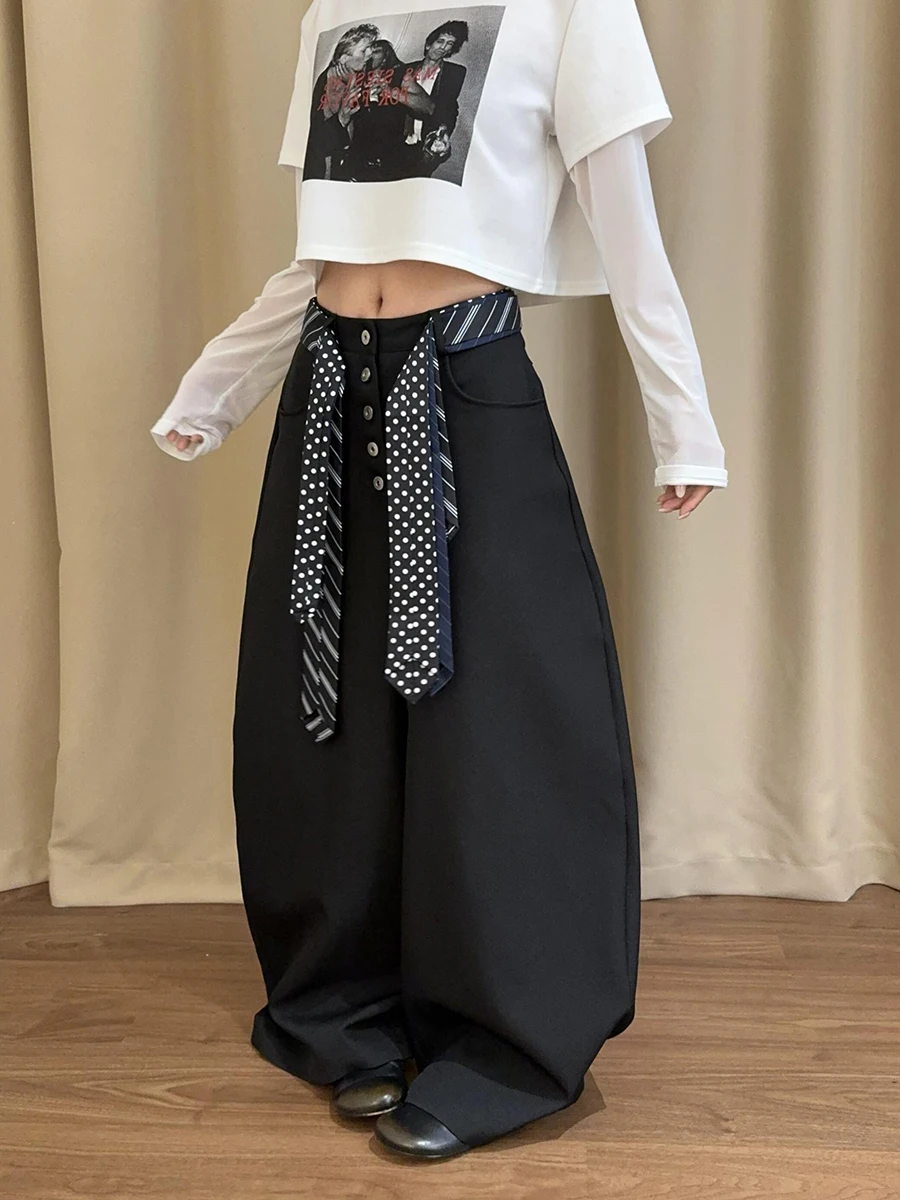 ReddaChic Pantalones de vestir de pierna ancha para mujer con bolsillos con lazo Pantalones palazzo con detalle de botones sueltos e informales para uso diario en la oficina