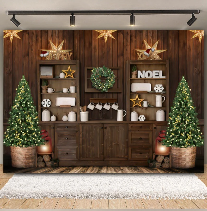 Christmas Kitchen Backdrop Retro Cupboard Xmas Tree Wood Wall Family Party Children Portrait Photography Background Photo Studio