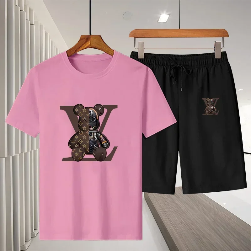 Men's cotton breathable T-shirt and shorts set, 2-piece, men's and women's fashionable short-sleeved knitwear, sports outfit - view 4