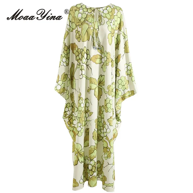 

MoaaYina Autumn Fashion Designer Vintage Print Loose Dress Women Batwing Sleeve Beading Frenulum Holiday Party Casual Maxi Dress