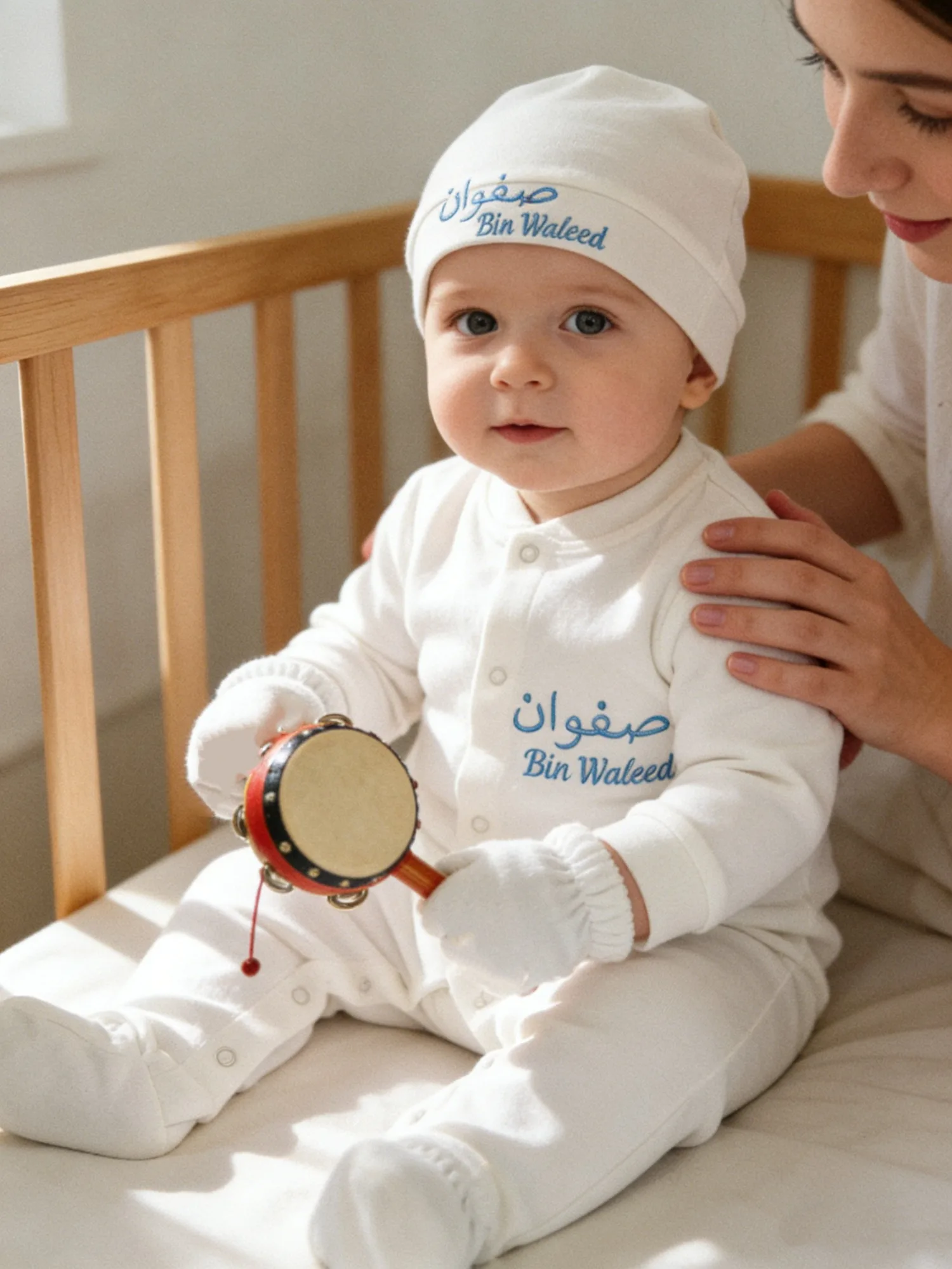 

Chic Baby Boy White Blue Embroidered Set - Soft Fabric & Booties - Ideal for Baptism & Baby Shower