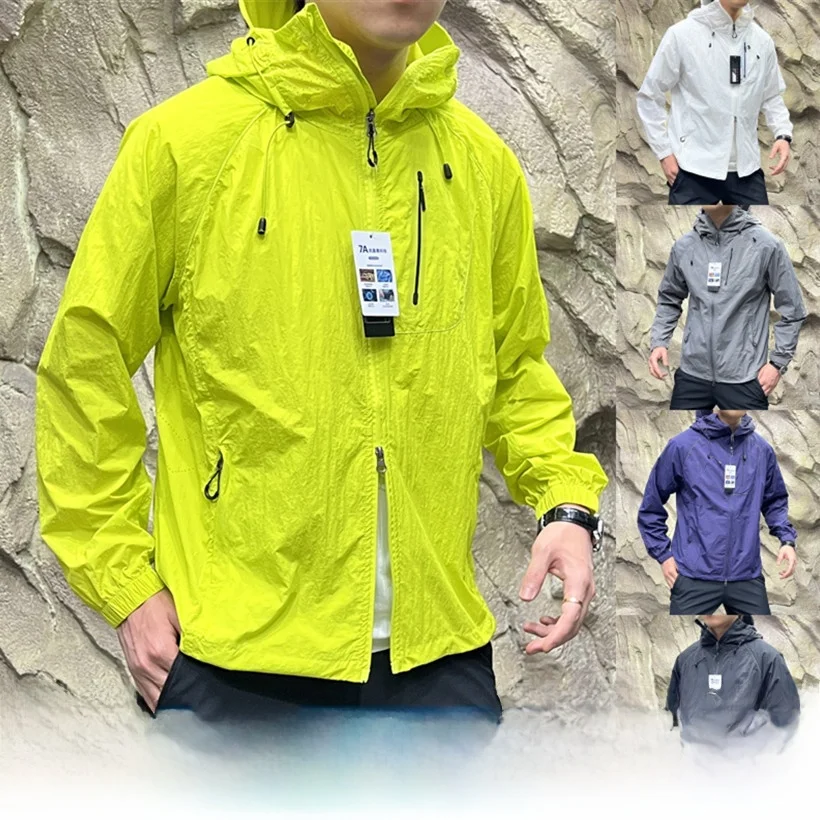 

Outdoor Lightweight Windbreaker Jaet for Men Spring Summer Anti-Uv Cool Sensation Hat Included Stand Fit Long Sve