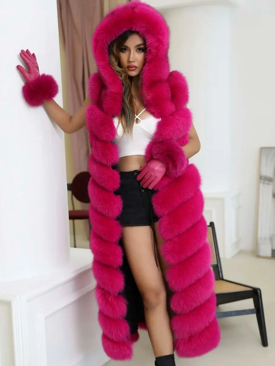 

Janefur Real Fur Vest with Hood Women 2022 Long Over the Knee Luxury Fashion Warm Winter Fox Fur Coat