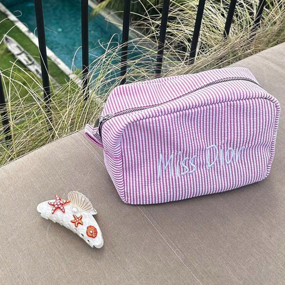 

Embroidered Monogrammed Seersucker Cosmetic Bag Personalized Toiletry Bag Women's Make Up Bag Bridesmaid Gift Makeup Storage Bag