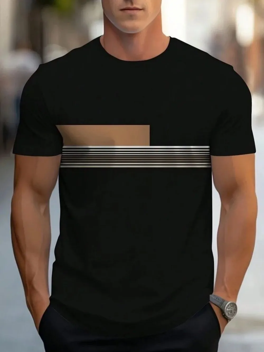 Fashionable men's summer sports striped patchwork print micro elastic breathable round neck T-shirt outdoor casual top