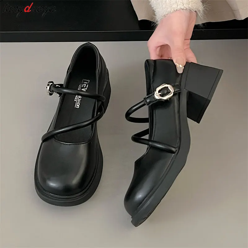 Vrouwen Loafers Retro Black Mary Jane Schoenen Vrouwen Dikke Hakken Enkelgesp Lolita Schoenen College Stijl Cosplay Jk Uniform Schoenen