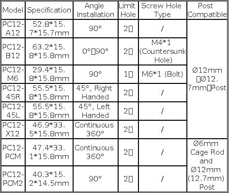 PC12 Series Ø12mm Post Angle Clamp 1/2 Inch Support Rod Assembly Accessories Cage Rod Optical Column