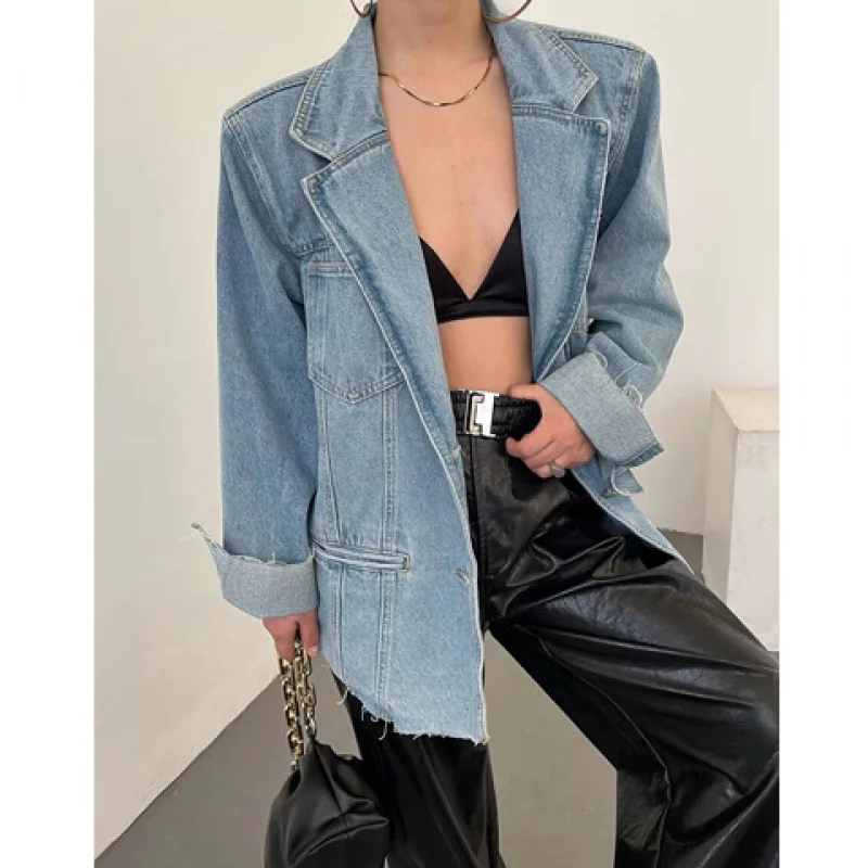 

SuperAen Shoulder Pad Denim Jacket for Women Mid-length American Retro Pocket Spring and Autumn New Design Notched Fashion Coats